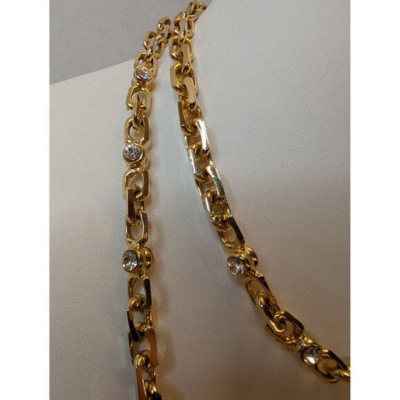 Gold Plated Chain Necklace W/ Glass Rhinestones & Coordinating Clip Earrings Set - Picture 2 of 12